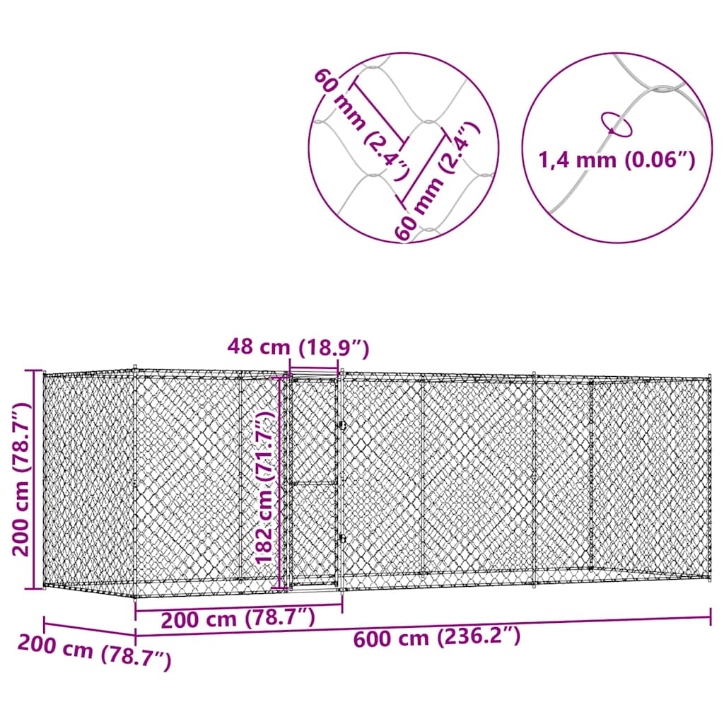 Kavez za pse Srebrno 600 x 200 x 200 cm Cinkani čelik
