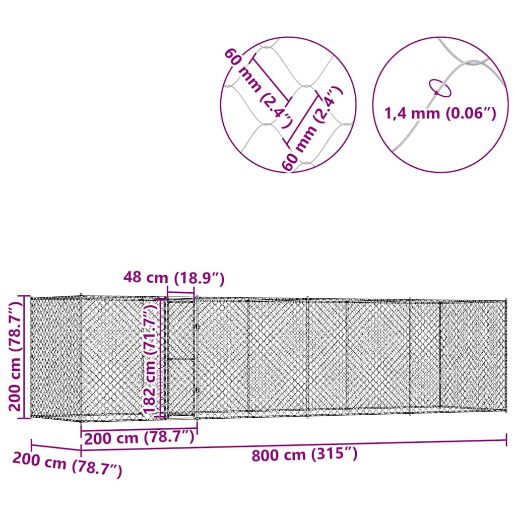 Kavez za pse Srebrno 800 x 200 x 200 cm Cinkani čelik