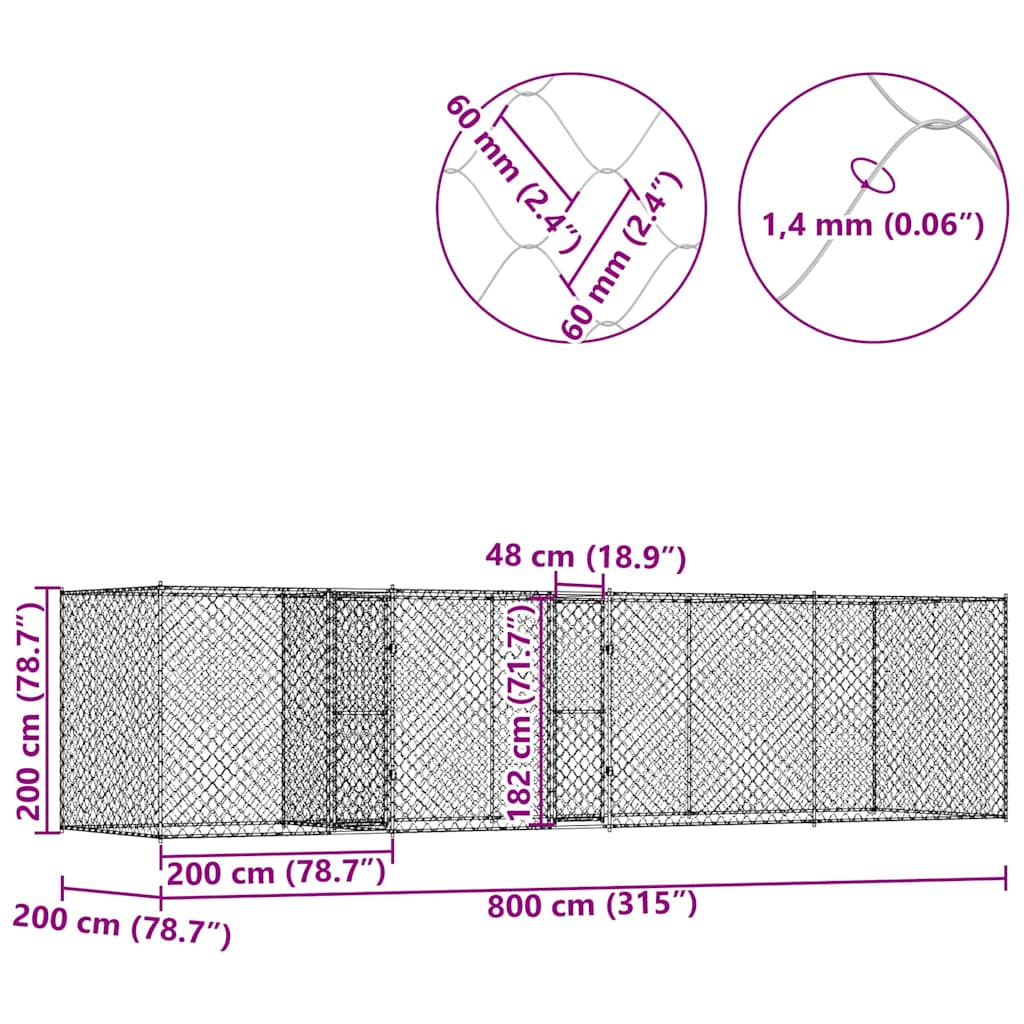 Kavez za pse Srebrno 800 x 200 x 200 cm Cinkani čelik