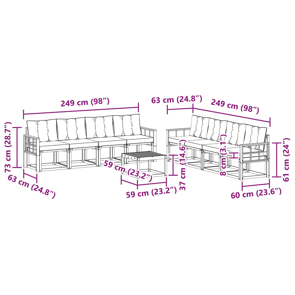 Set vanjskih sofa 9 kom. Prirodna i crna