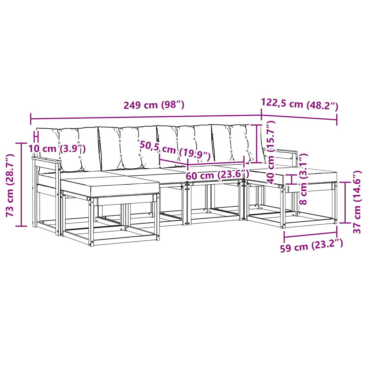 Set vanjskih sofa 6 kom. Prirodna i bež Smeđa 249 x 122,5 x 73 cm