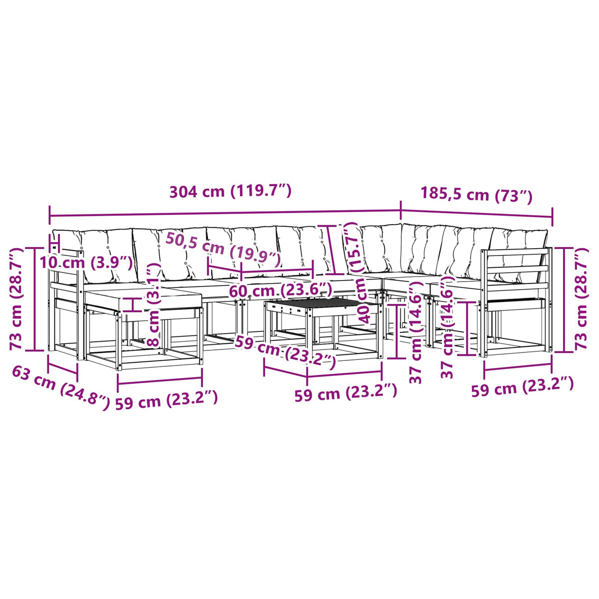 Set vanjskih sofa 9 kom. Prirodna i crna