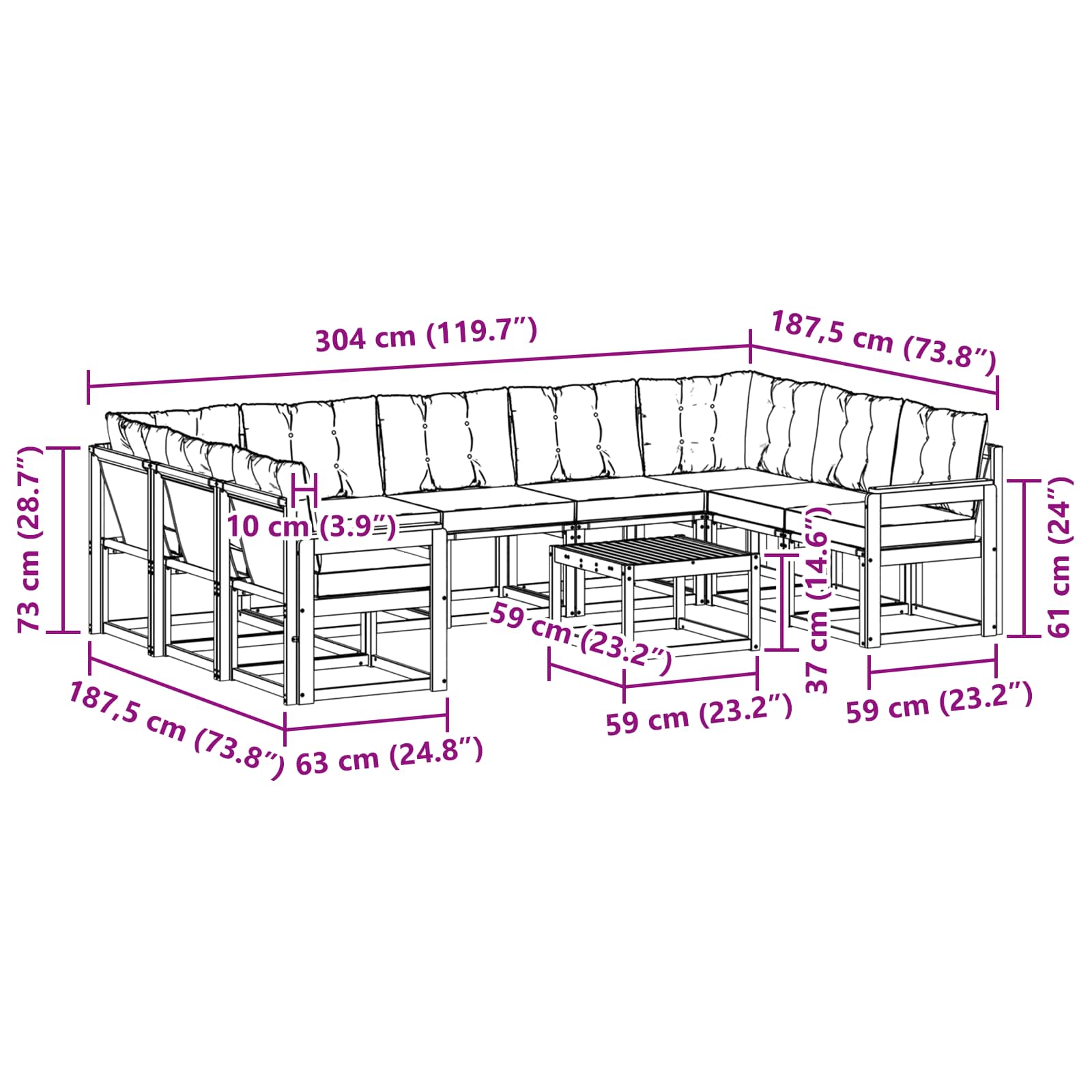 Set vanjskih sofa s jastukom 10 pcs Prirodna i crna