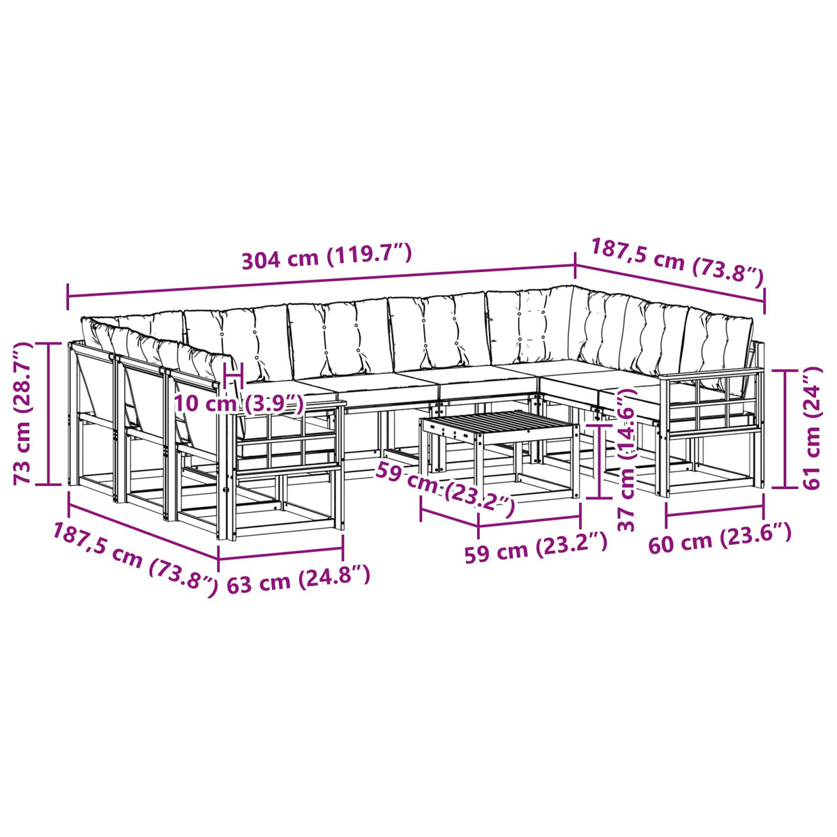 Set vanjskih sofa s jastukom 10 pcs Prirodna i crna