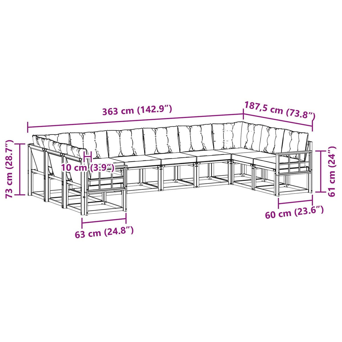 Set vanjskih sofa s jastukom 10 pcs Prirodna i crna