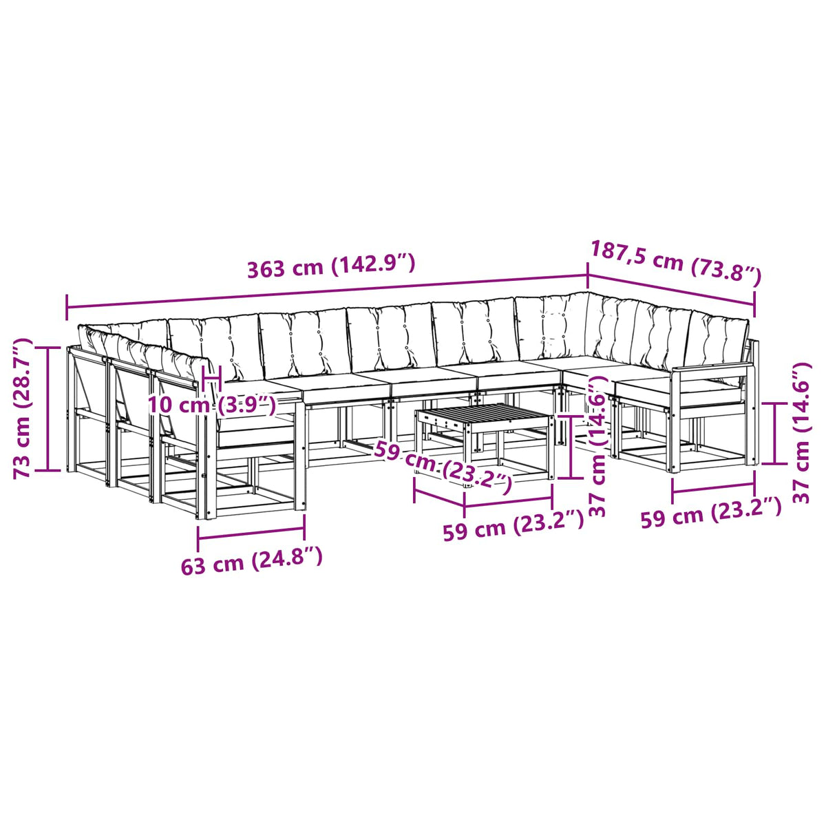 Set vanjskih sofa s jastukom 11 pcs Prirodna i crna