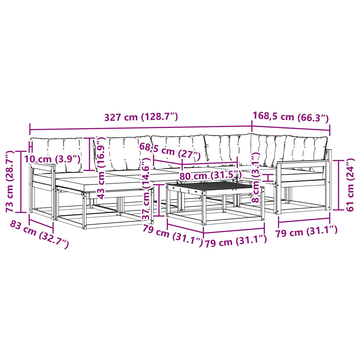 Set vanjskih sofa 19 pcs Prirodna i krem Čvrsto drvo akacije