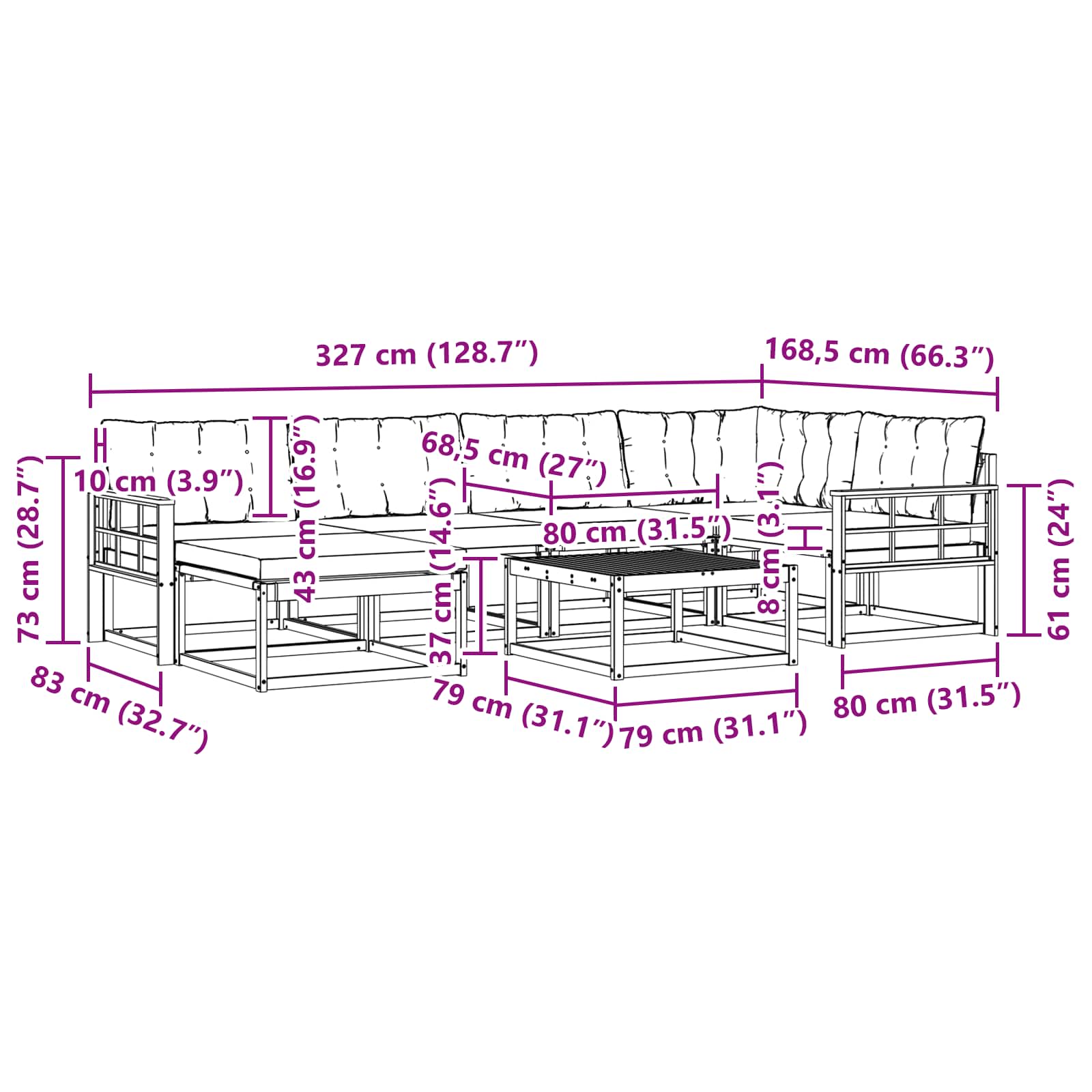 Set vanjskih sofa 19 pcs Prirodna i crna Čvrsto drvo akacije