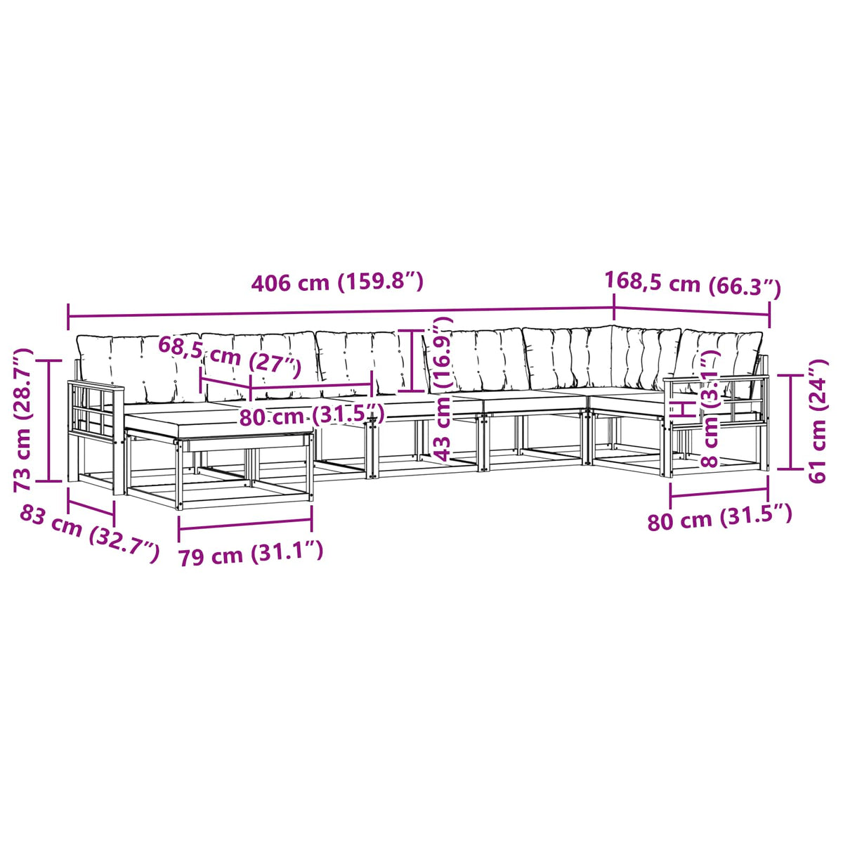 Set vanjskih sofa 7 kom. Prirodna i crna Čvrsto drvo akacije