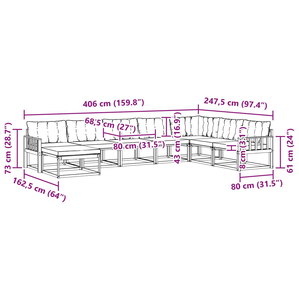 Set vanjskih sofa 8 kom. Prirodna i bež Čvrsto drvo akacije