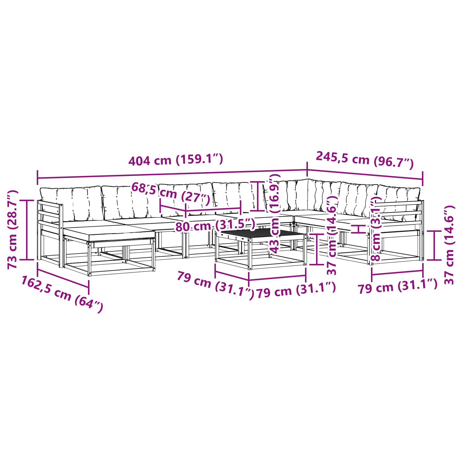 Set vanjskih sofa 9 pcs Prirodna i bež Čvrsto drvo akacije