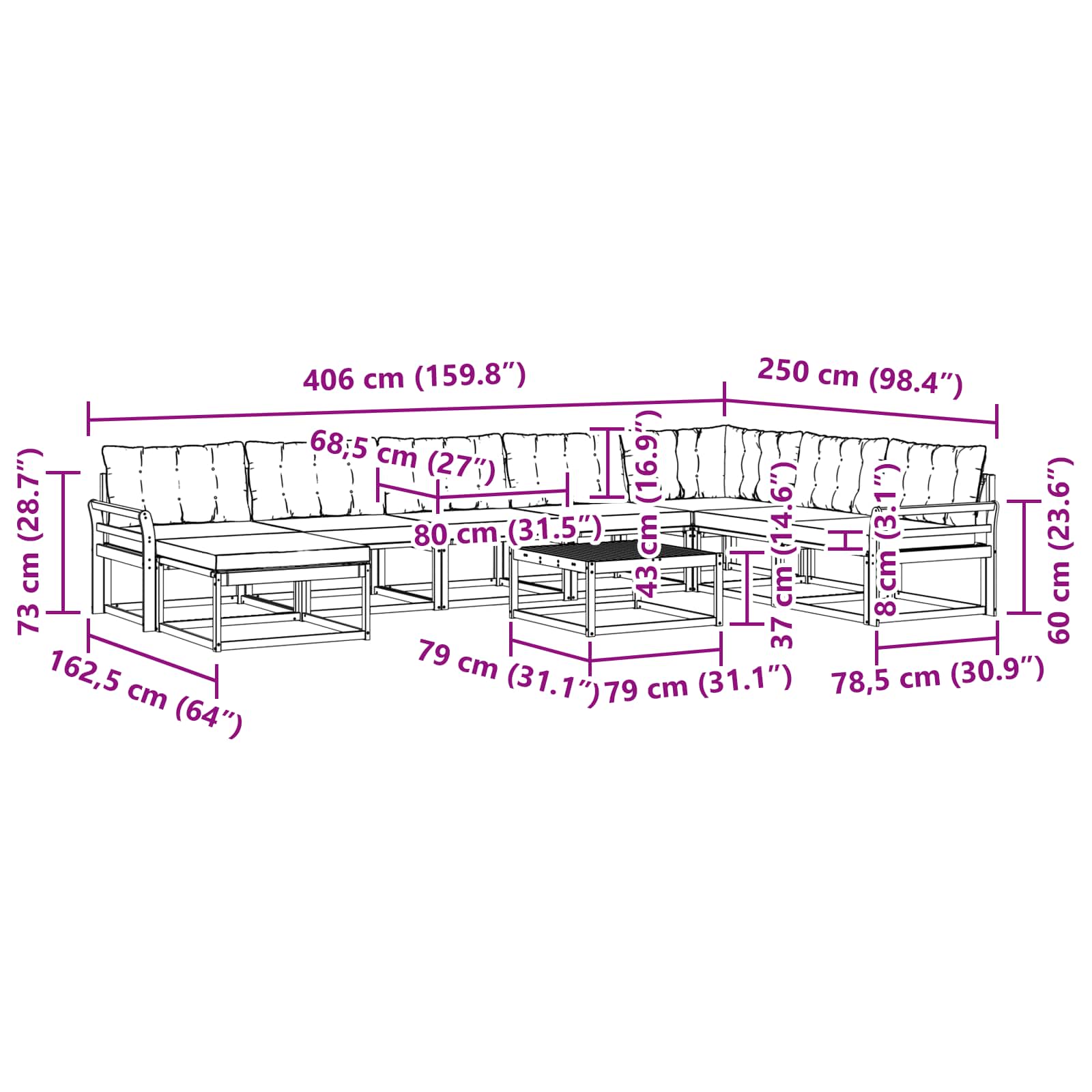 Set vanjskih sofa 9 pcs Prirodna i bež Čvrsto drvo akacije