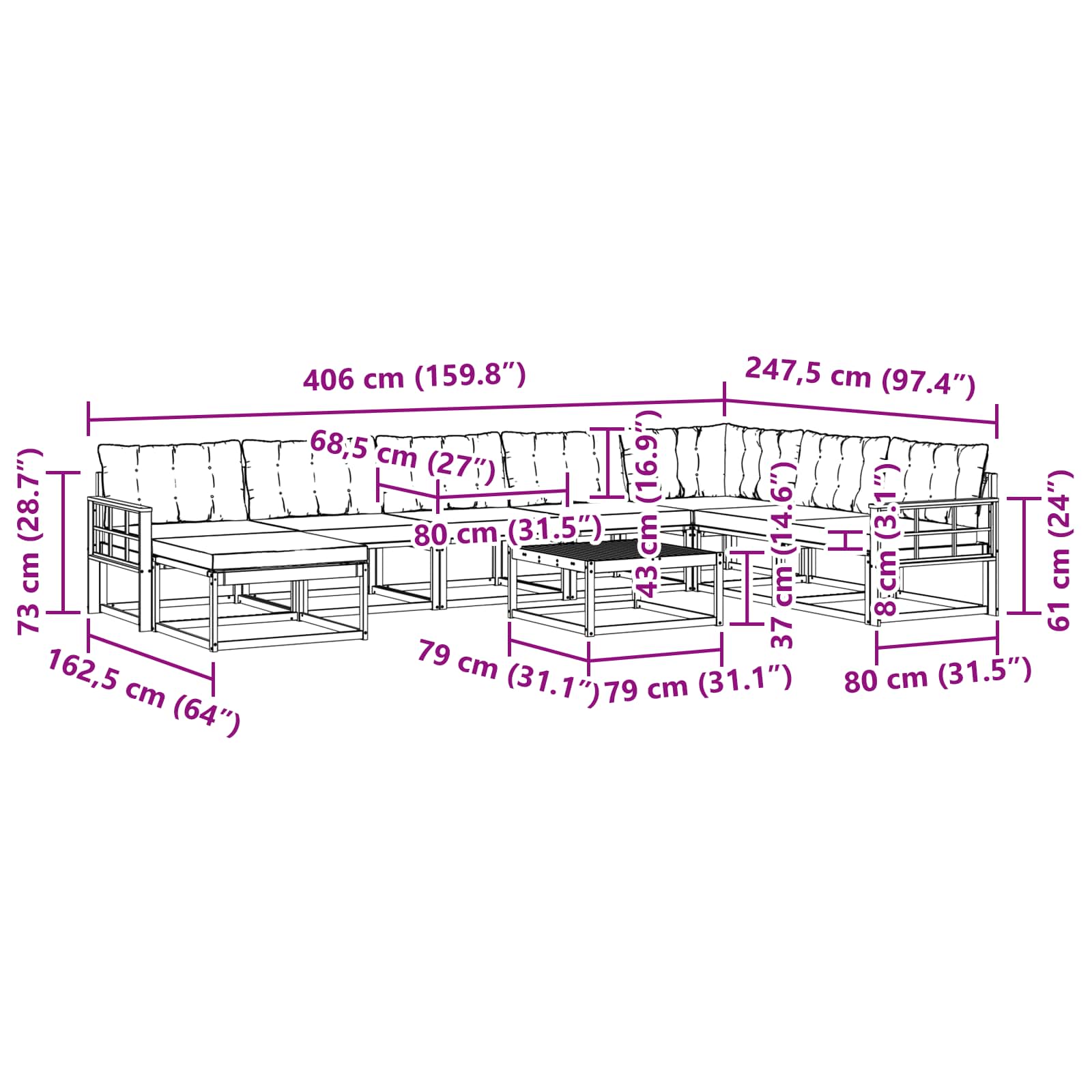 Set vanjskih sofa 9 pcs Prirodna i bež Čvrsto drvo akacije