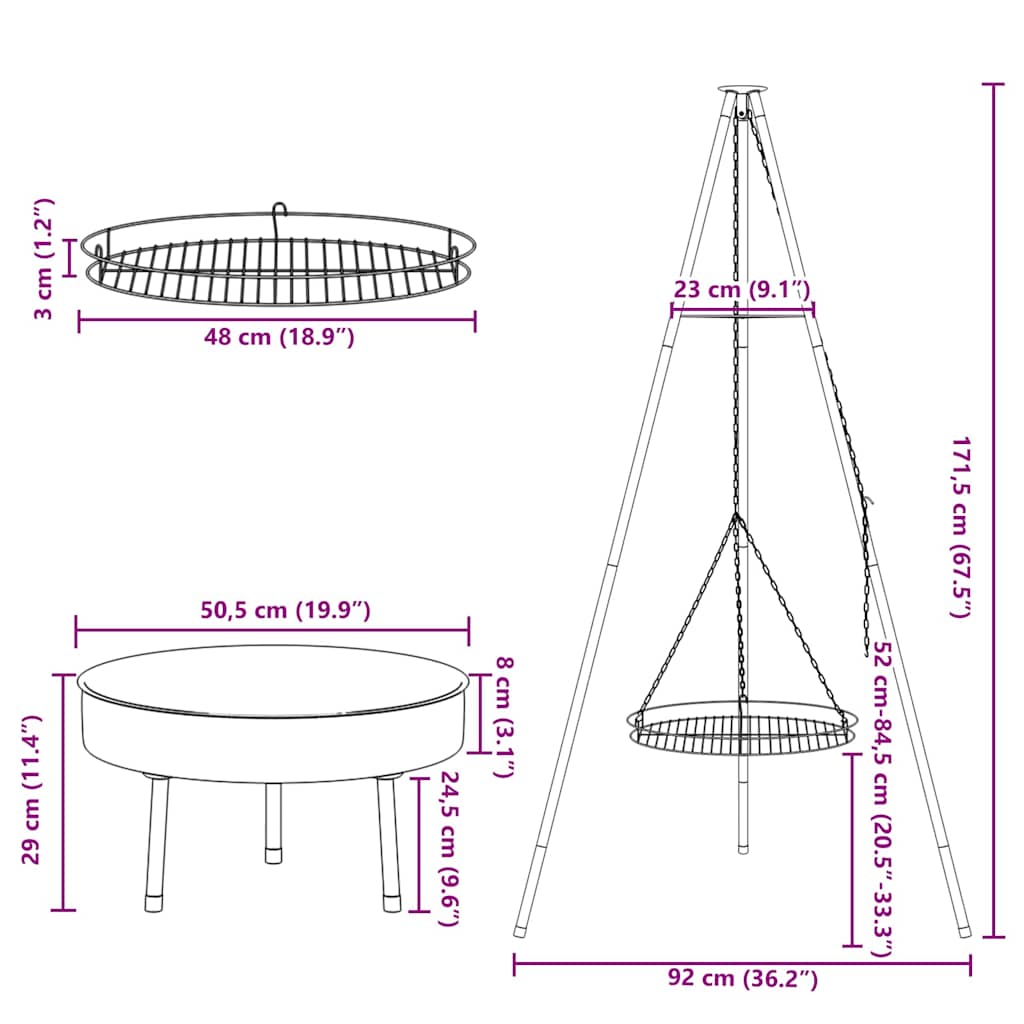 Tripod za logorsku vatru 3 pcs Crna Čelik