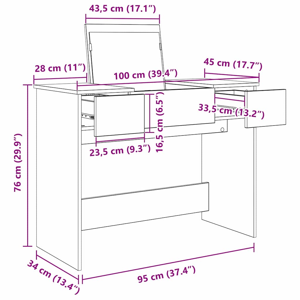 Kozmetički stol s ladicama Crni hrast 100 x 45 x 76 cm