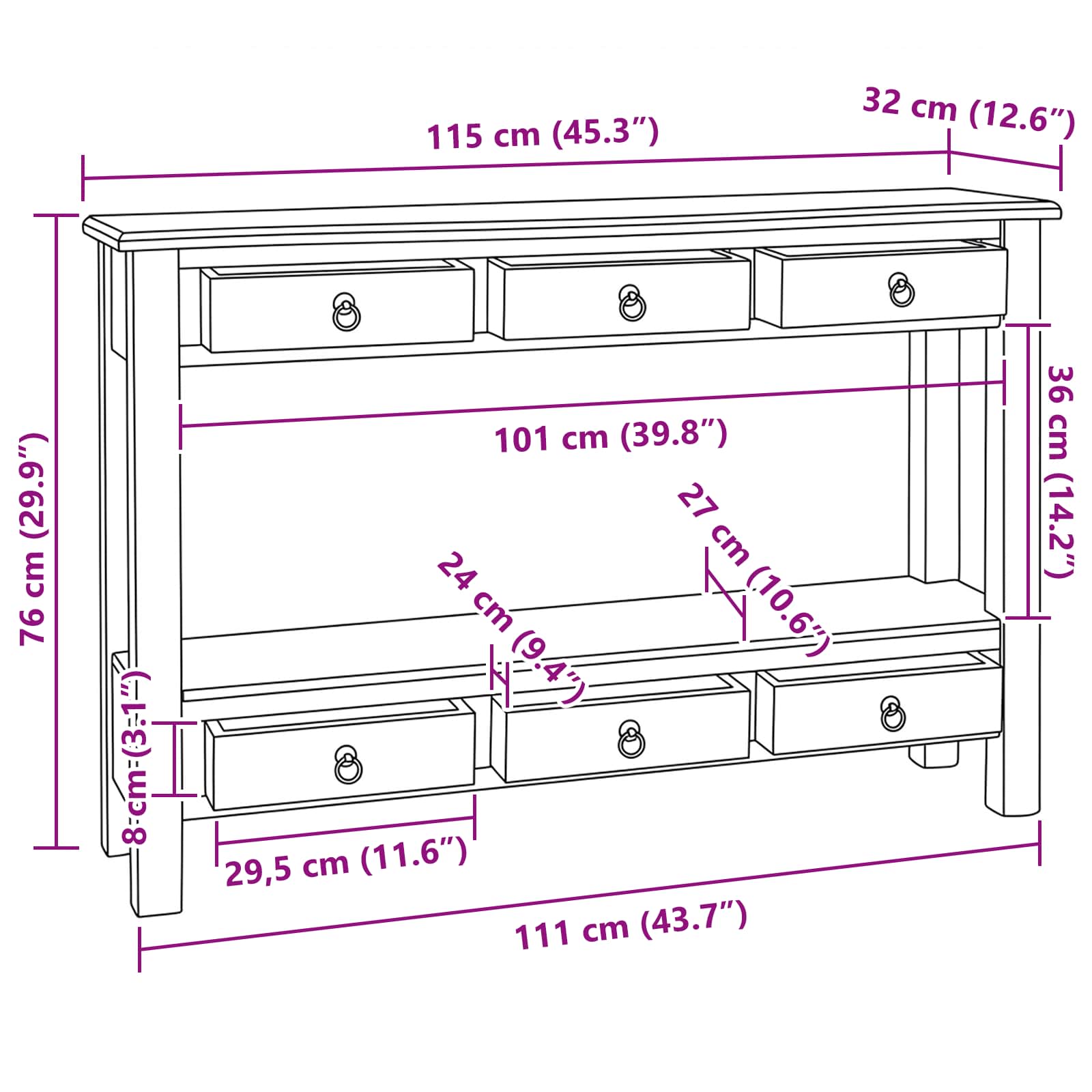 Konzolna stolica s ladicama Prirodna 115 x 32 x 76 cm