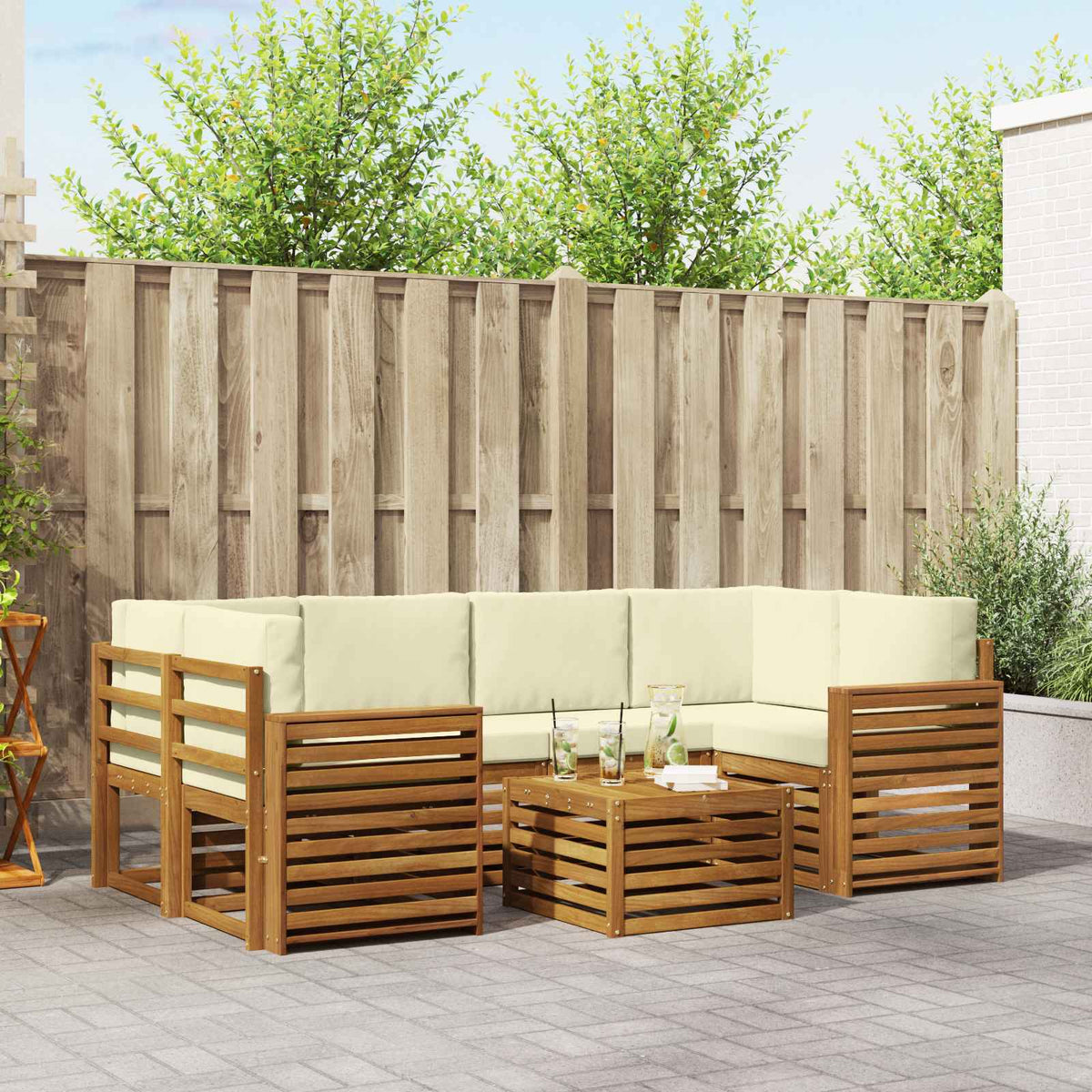 Set vanjskih sofa 7 kom. Prirodna i krem Čvrsto drvo akacije