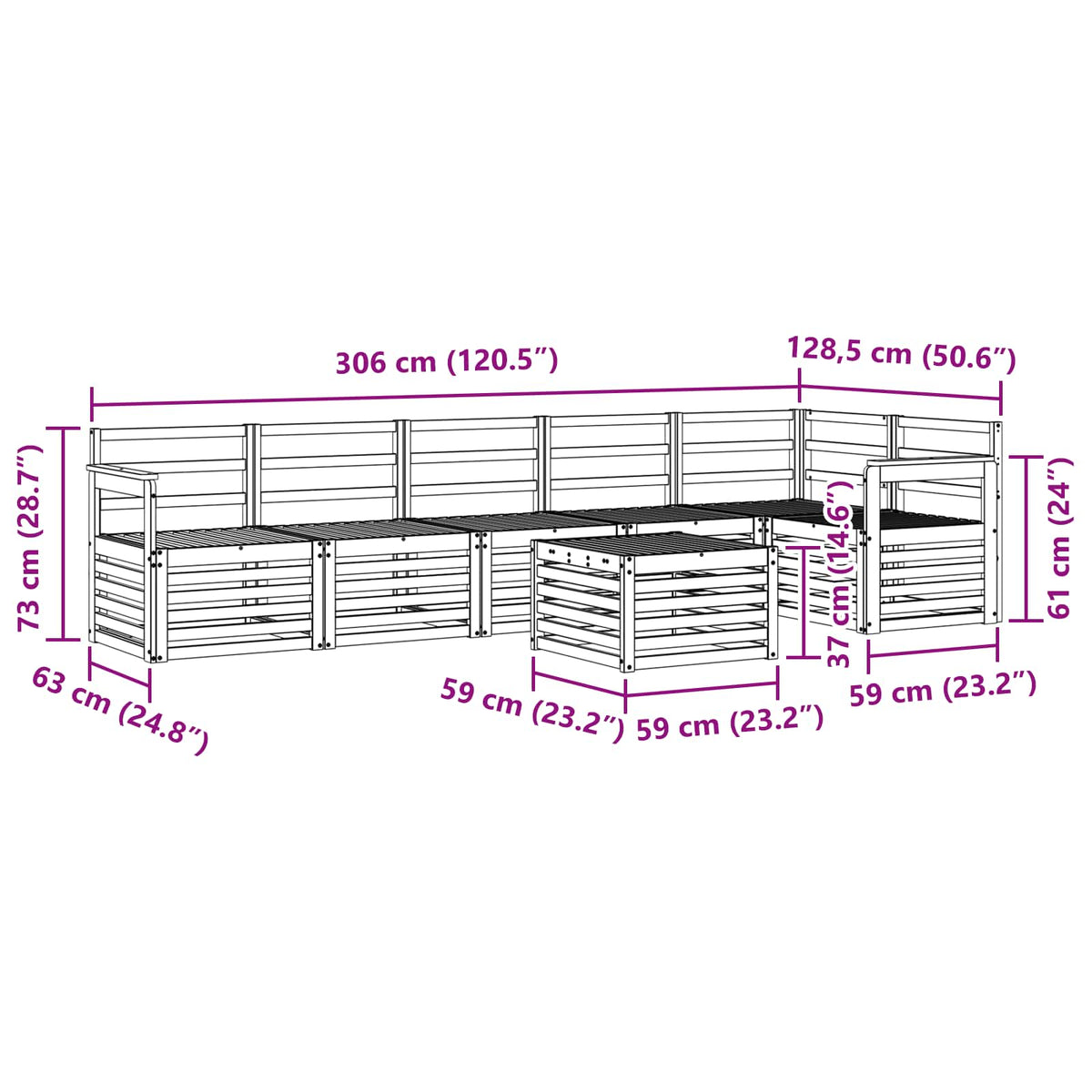Sekcijska garnitura 7 pcs Prirodna Čvrsto drvo akacije