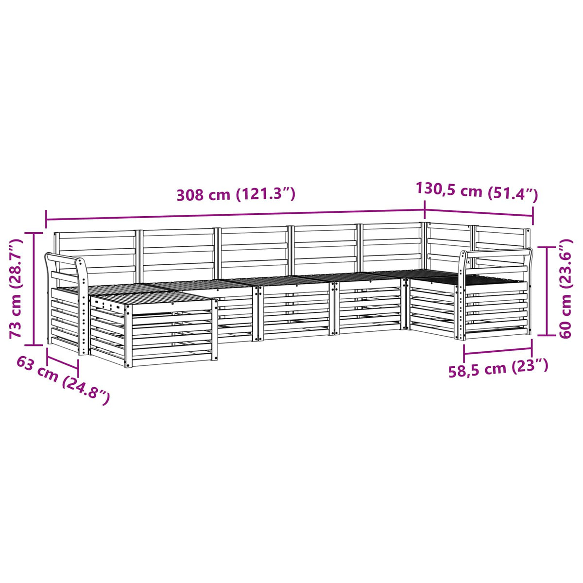 Set vanjskih sofa 7 kom. Prirodna 308 x 130,5 x 73 cm