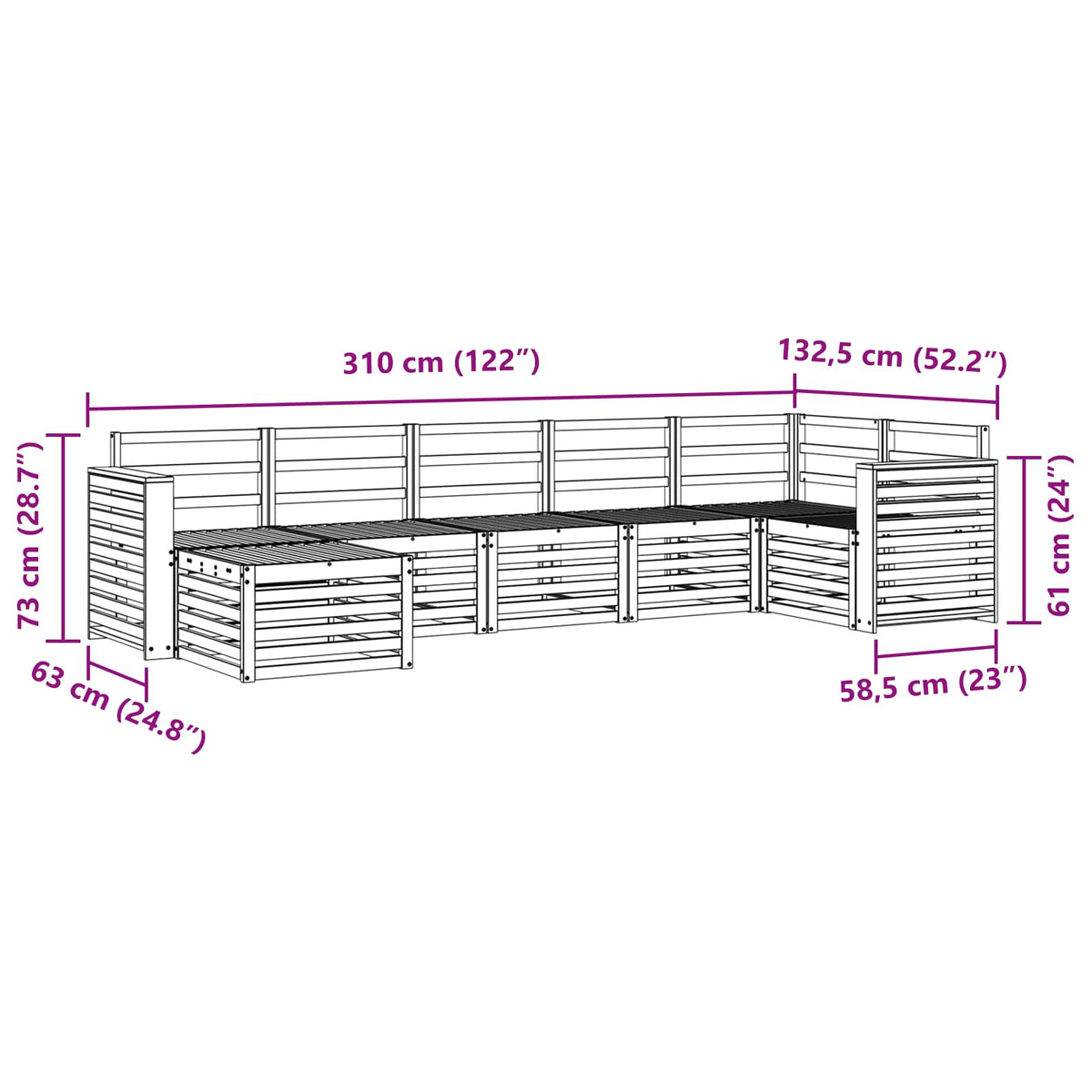 Set vanjskih sofa 7 kom. Prirodna 310 x 132,5 x 73 cm