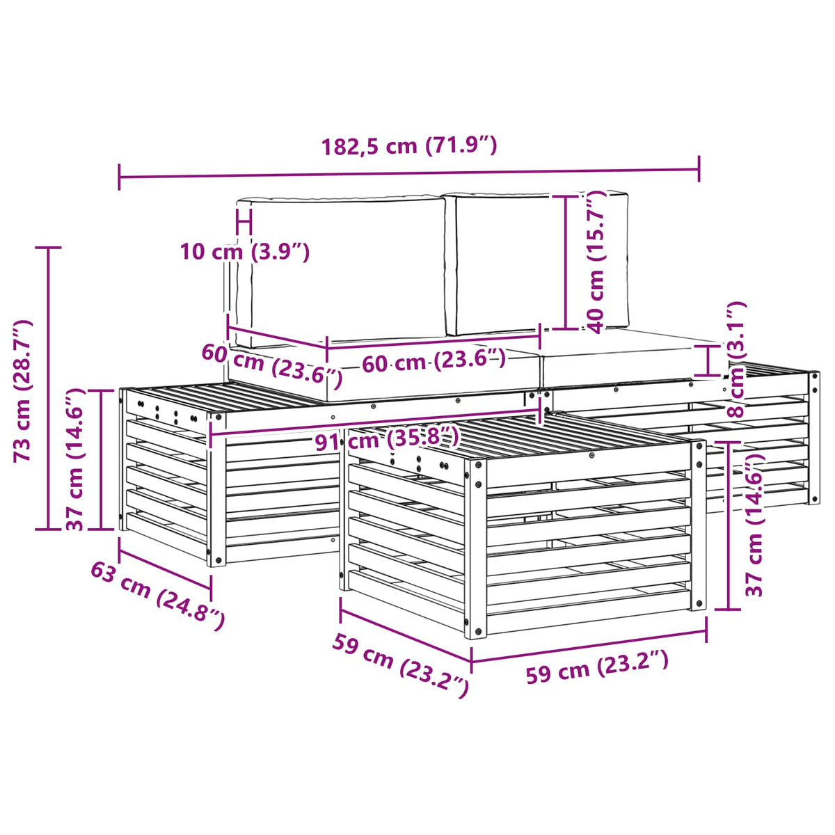 Set vanjskih sofa s jastukom Prirodna i bež 59 x 59 x 37 cm