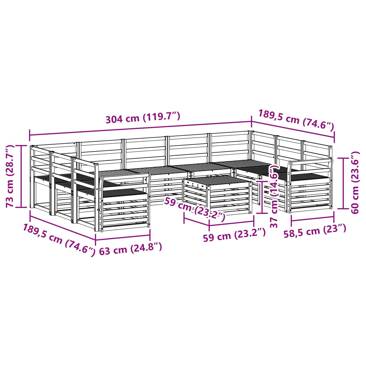 Set vanjskih sofa 10 kom. Prirodna