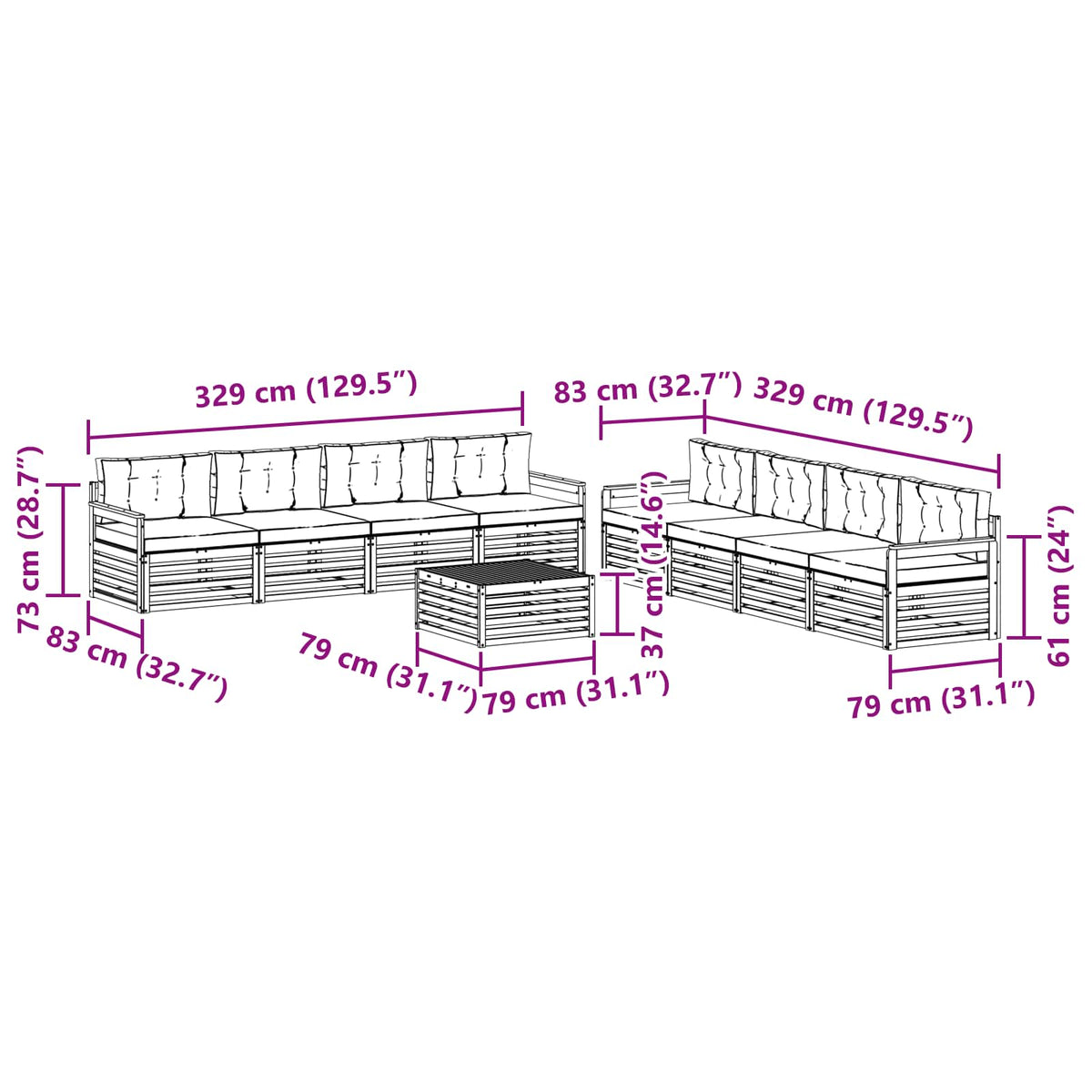 Set vanjskih sofa 9 kom. Prirodna i bež 79 x 79 x 37 cm