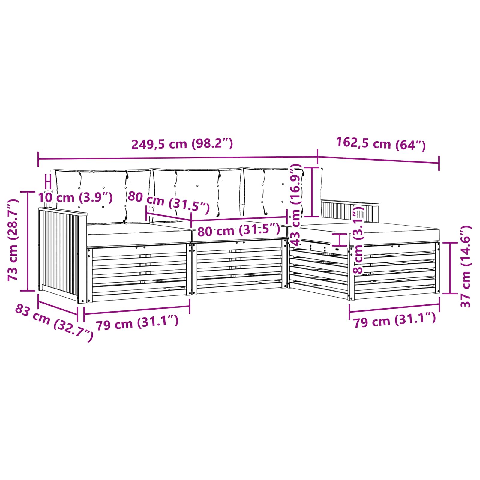 Set vanjskih sofa Prirodna i bež 249,5 x 162,5 x 73 cm