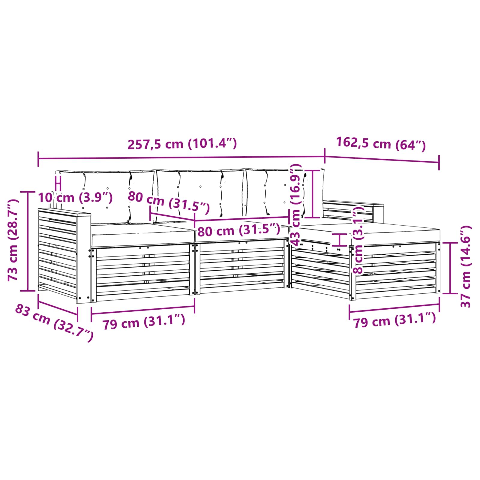 Set vanjskih sofa Prirodna i bež 257,5 x 162,5 x 73 cm