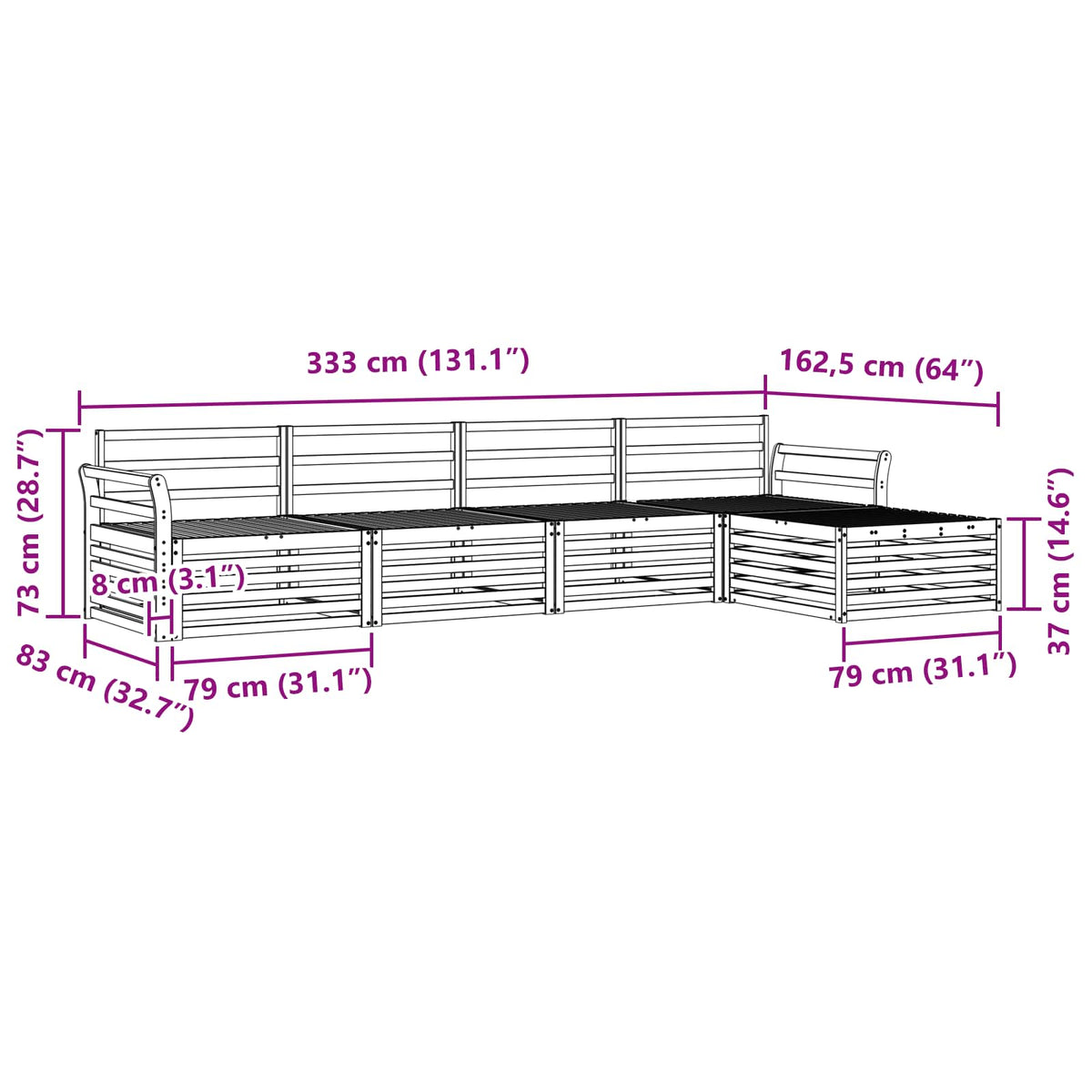 Set vanjskih sofa 5 kom. Prirodna Čvrsto drvo akacije Smeđa 333 x 162,5 x 73 cm
