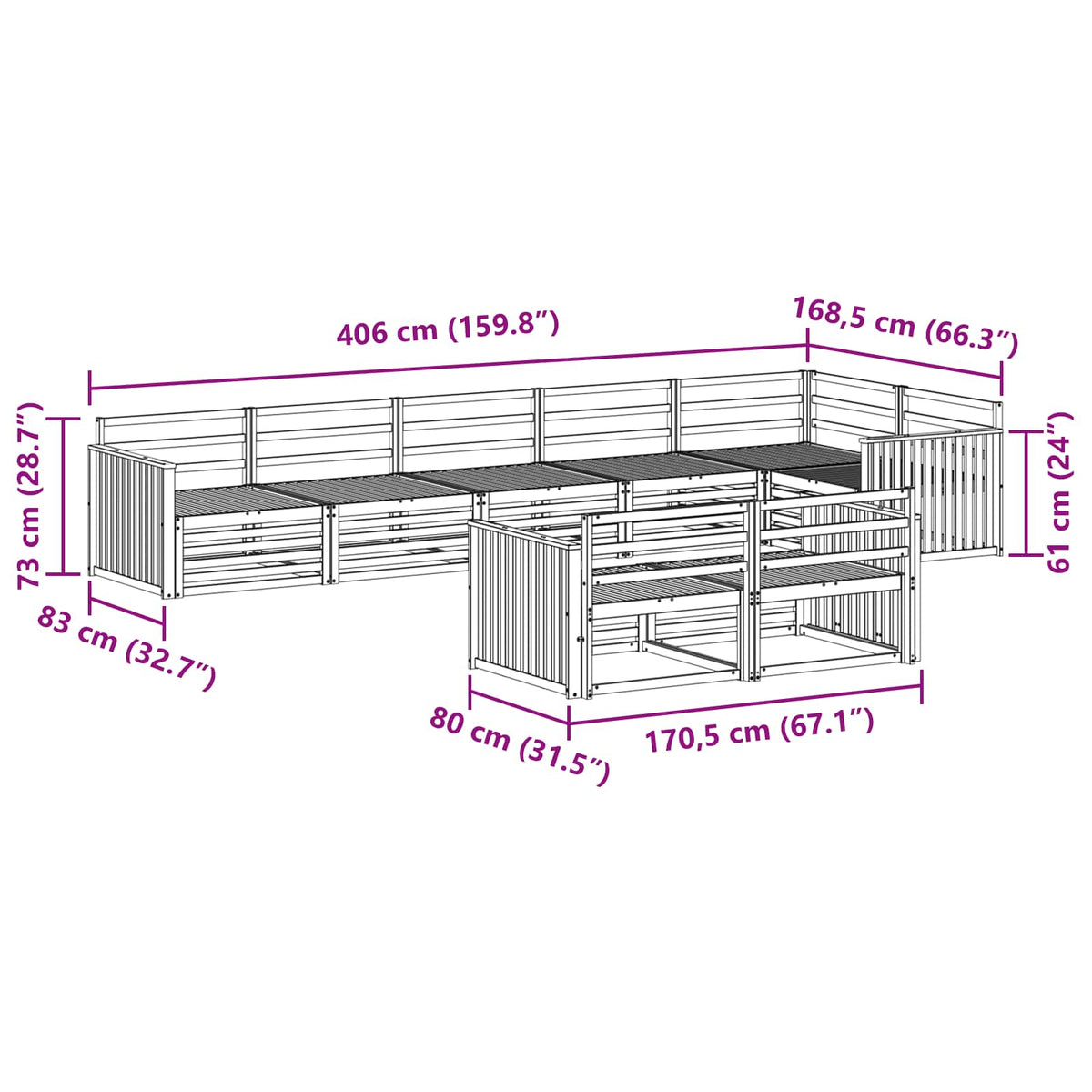 Set vanjskih sofa 8 kom. Prirodna Čvrsto drvo akacije Smeđa 406 x 168,5 x 73 cm