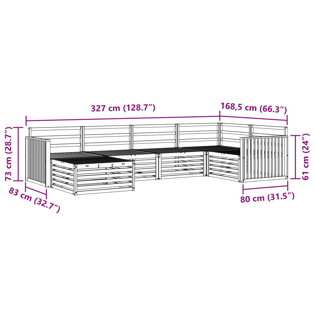 Set vanjskih sofa 6 kom. Prirodna Čvrsto drvo akacije Smeđa 327 x 168,5 x 73 cm