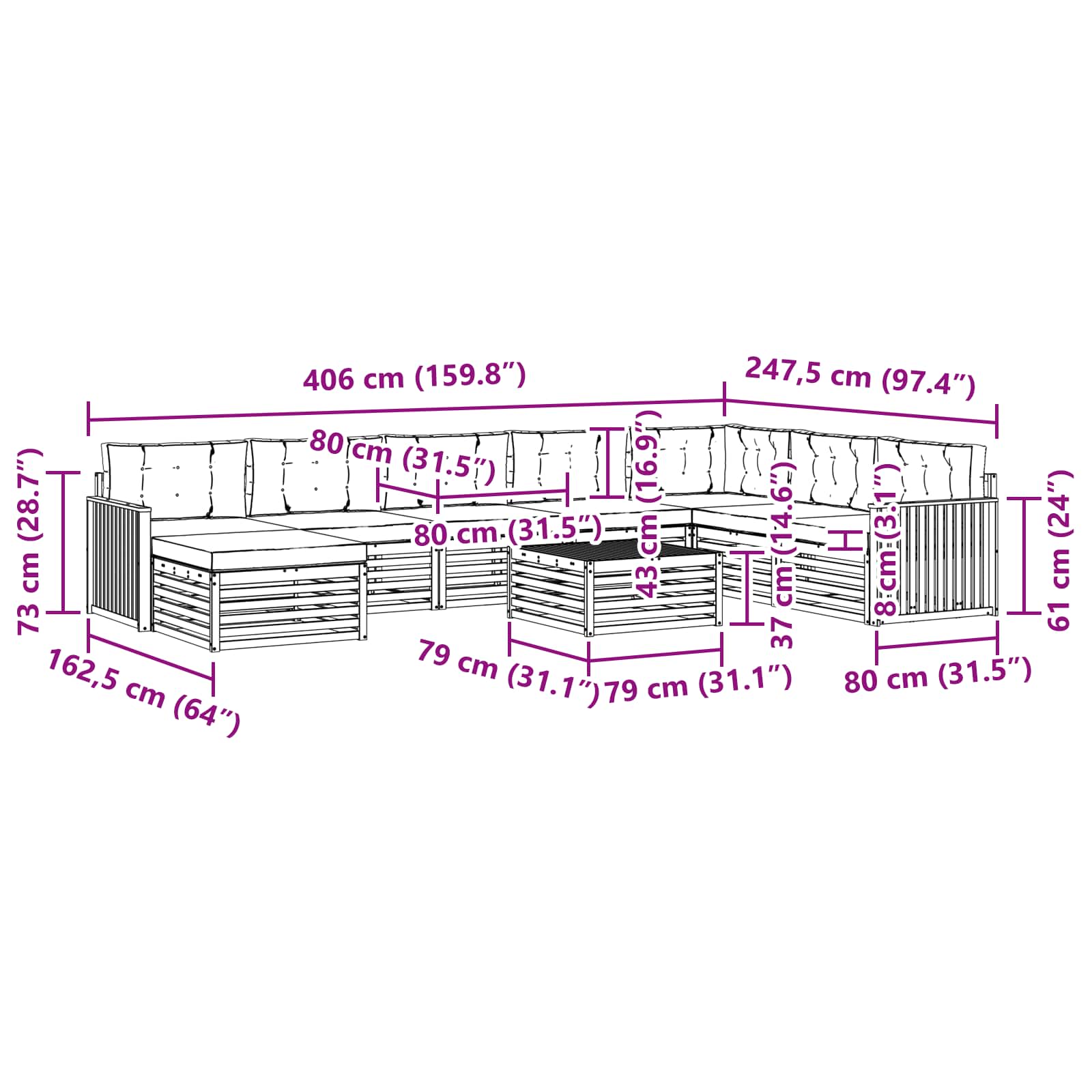 Set vanjskih sofa 9 pcs Prirodna i bež Čvrsto drvo akacije