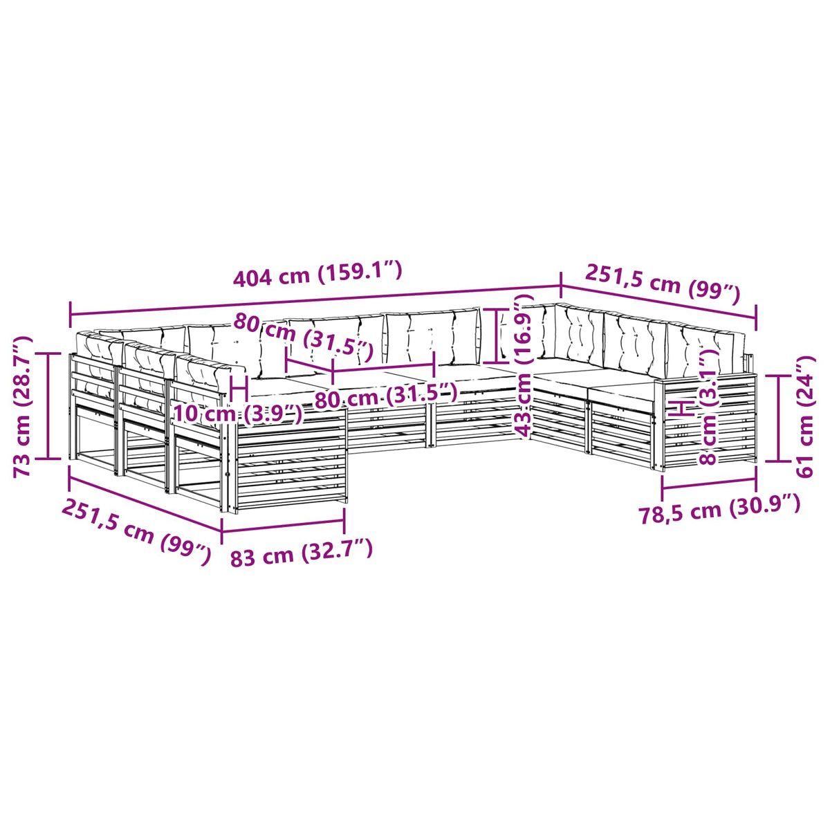 Set vanjskih sofa 9 kom. Prirodna i svijetlo siva 404 x 251,5 x 73 cm
