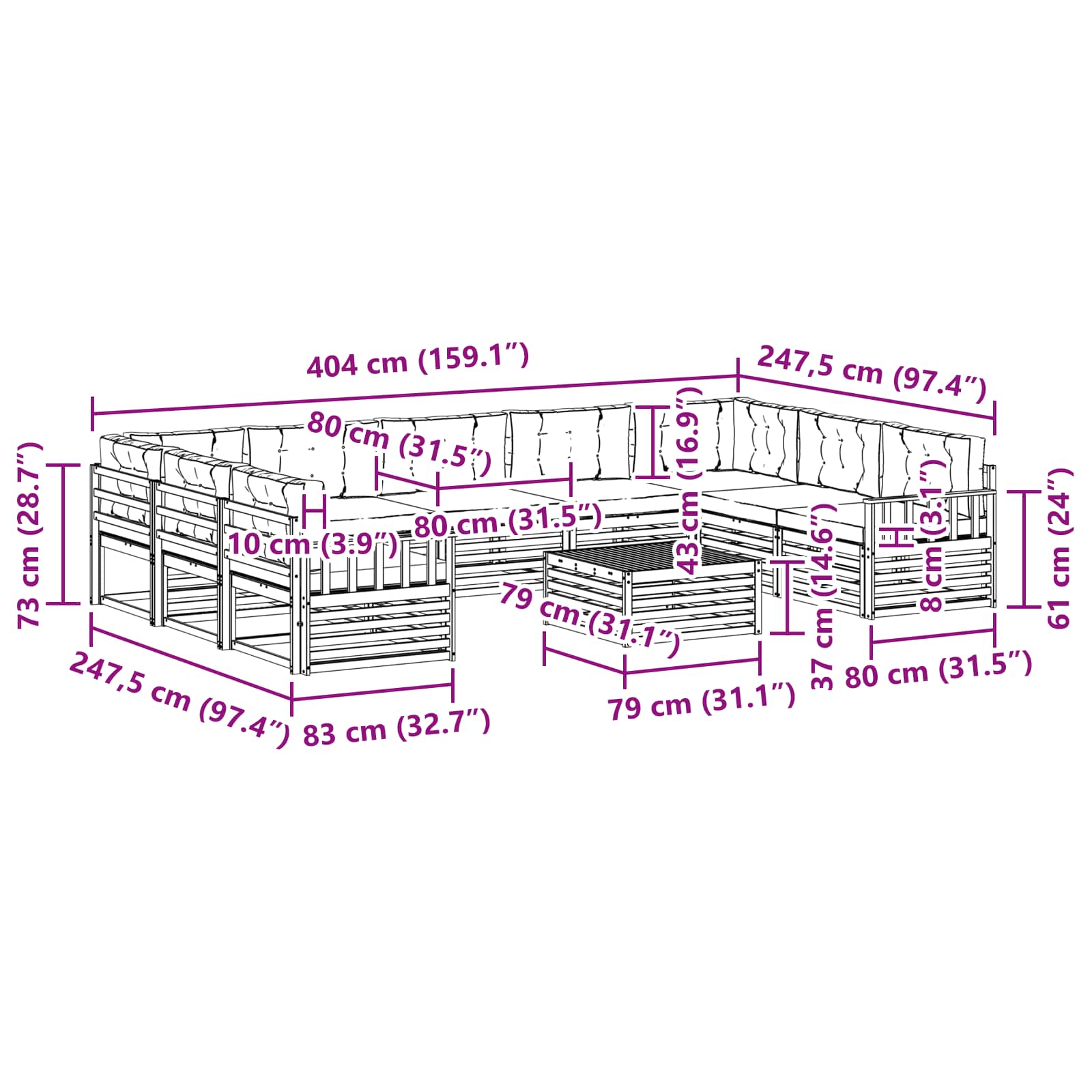 Set vanjskih sofa 10 pcs Prirodna i krem Čvrsto drvo akacije