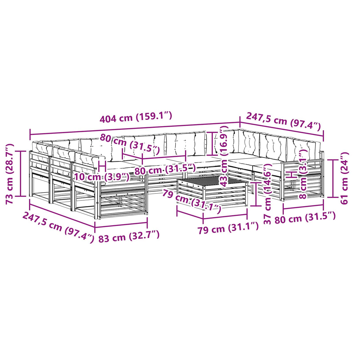 Set vanjskih sofa 10 kom. Prirodna i bež Čvrsto drvo akacije