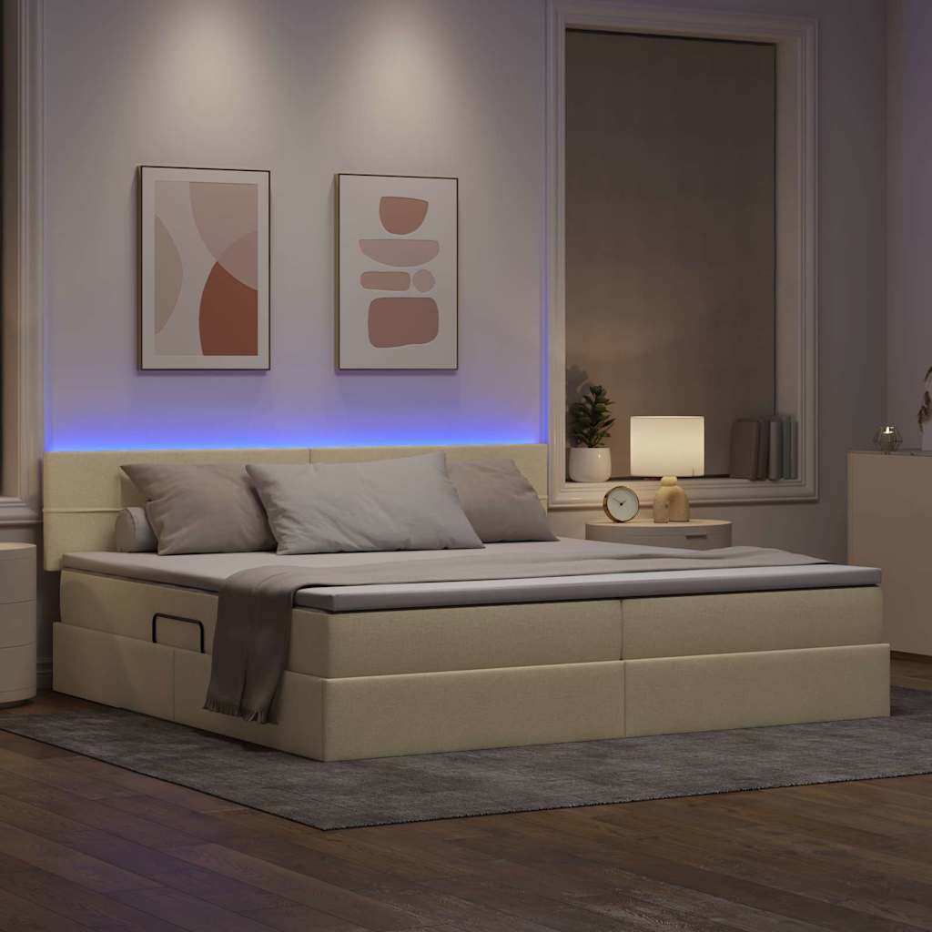 LED krevet za pohranu s madracem Krema 200 x 200 cm Tkanina