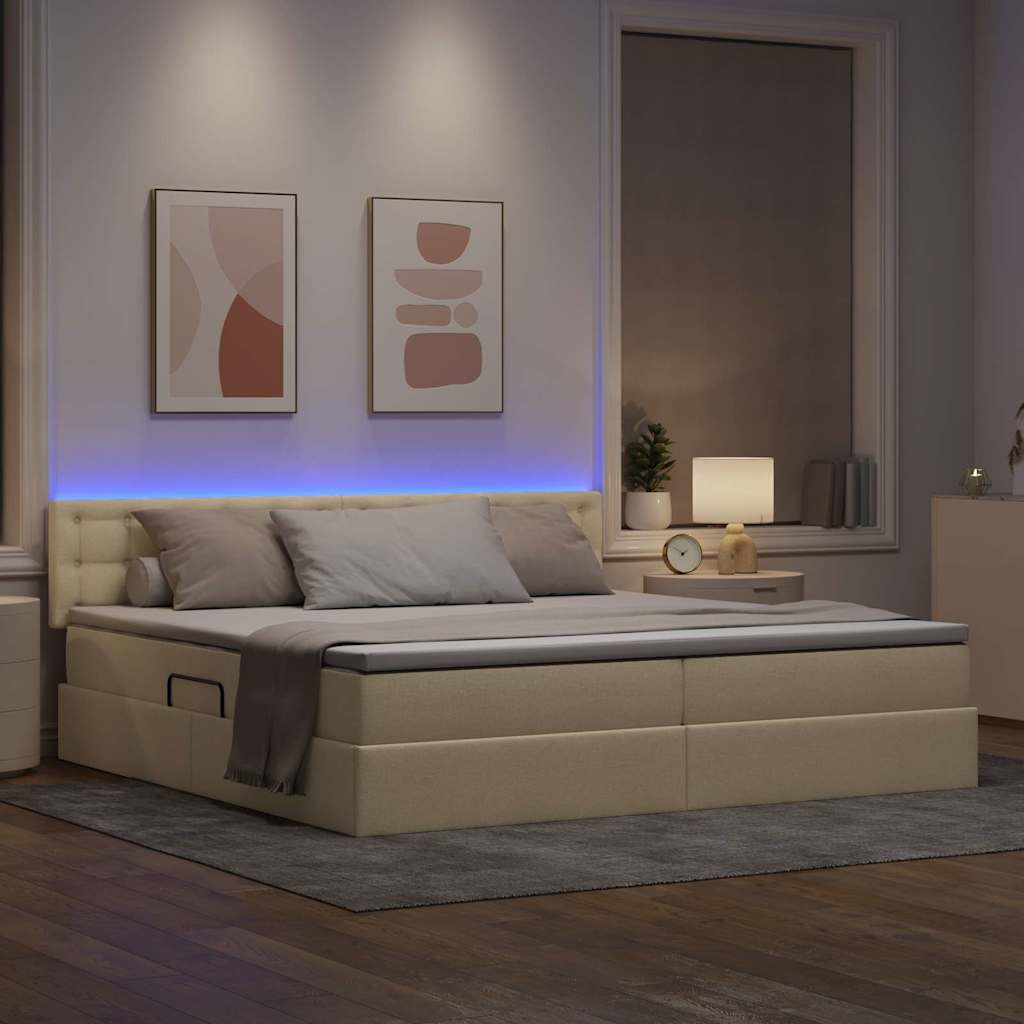 LED krevet za pohranu s madracem Krema 200 x 200 cm Tkanina