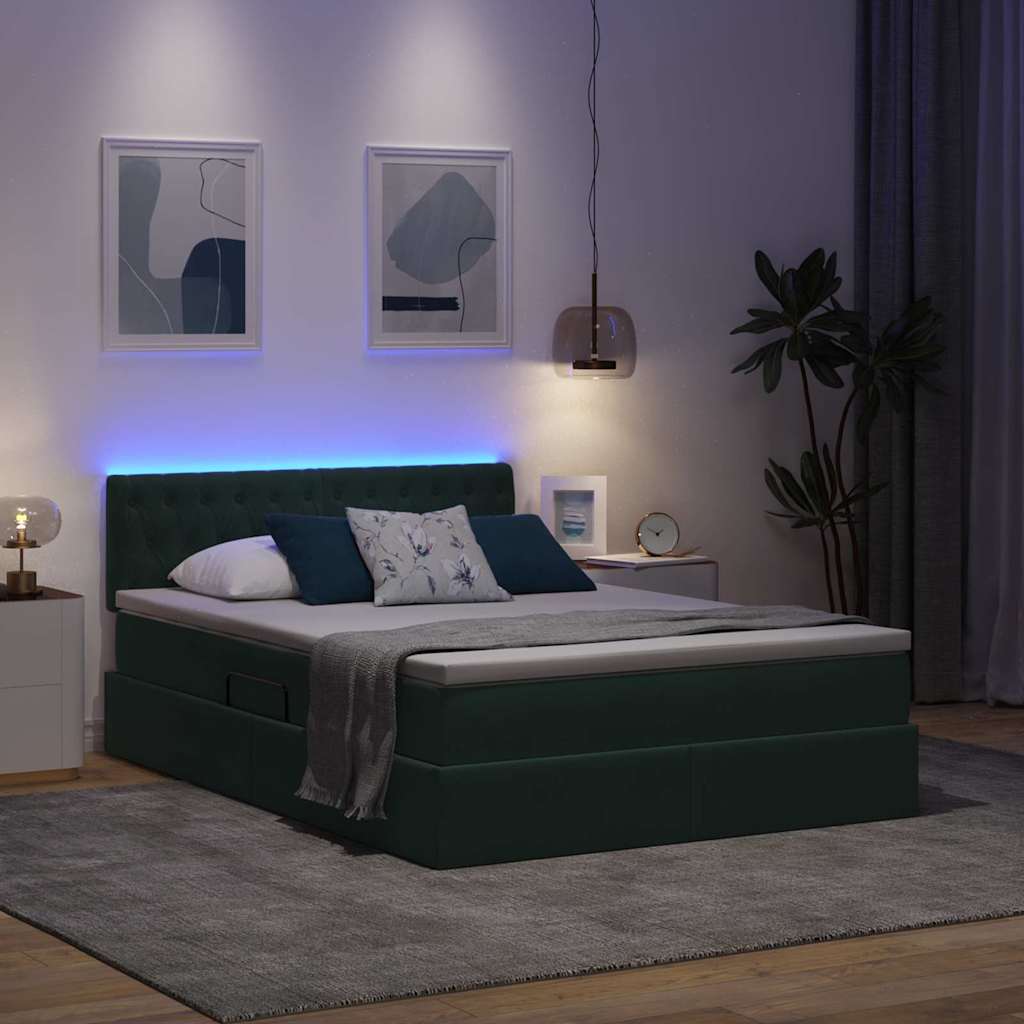 LED krevet za pohranu s madracem Tamnozelena 140 x 200 cm