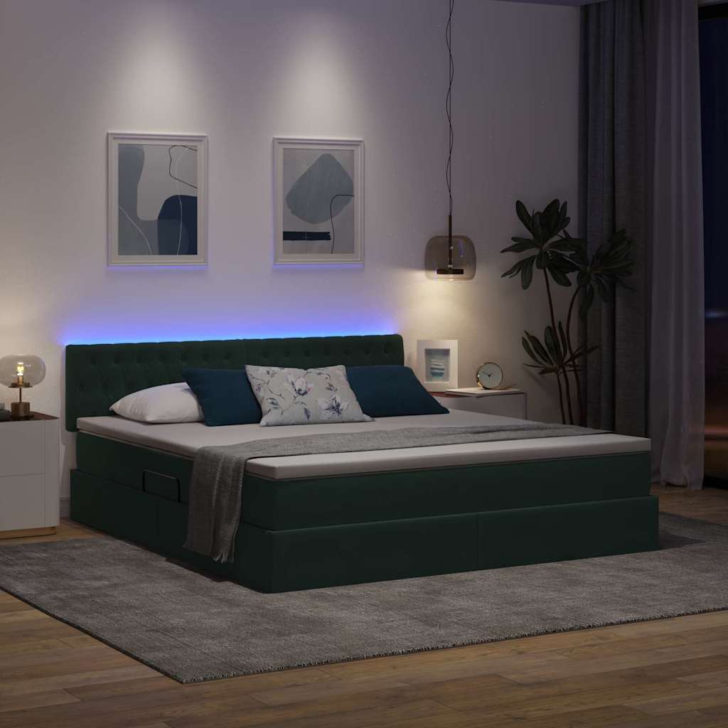 LED krevet za pohranu s madracem Tamnozelena 180 x 200 cm