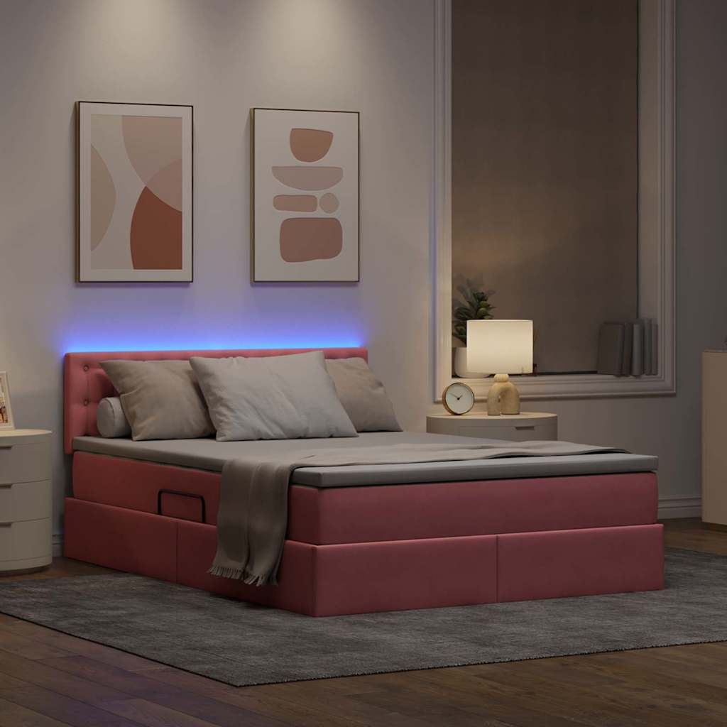 LED krevet za pohranu s madracem Ružičasta 140 x 190 cm Baršun