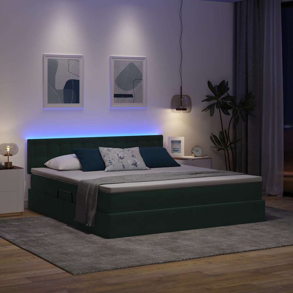 LED krevet za pohranu s madracem Tamnozelena 160 x 200 cm