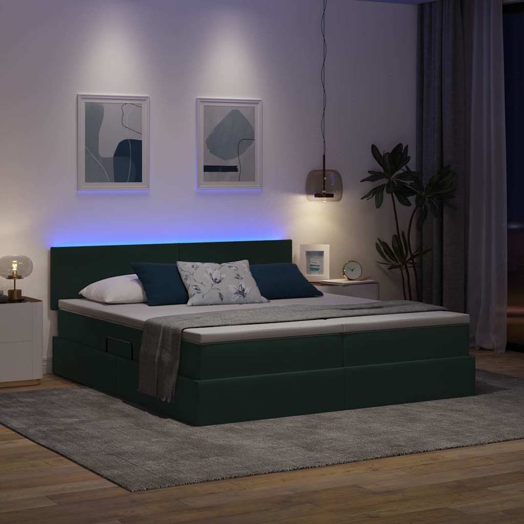 Krevet s LED trakama s pohranom Tamnozelena 180 x 200 cm Baršun