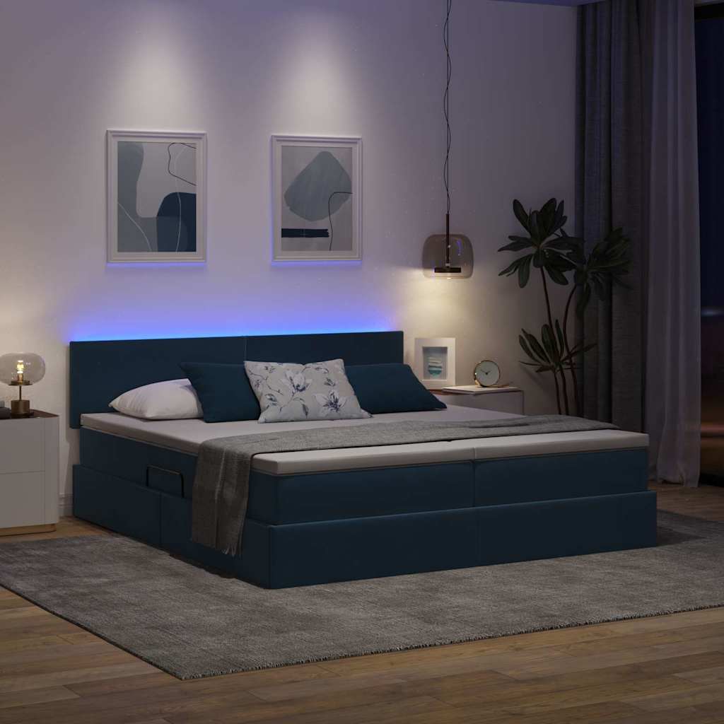 Krevet s LED trakama s pohranom Tamno plava 200 x 200 cm Baršun
