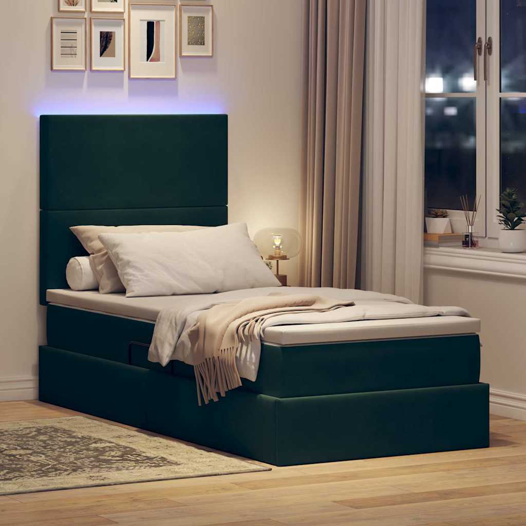LED krevet za pohranu s madracem Tamnozelena 90 x 200 cm Baršun