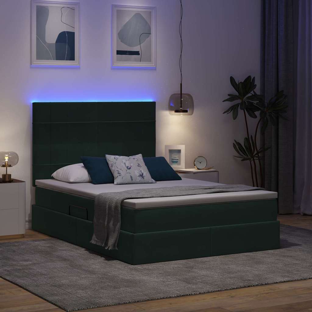 LED krevet za pohranu s madracem Tamnozelena 140 x 190 cm
