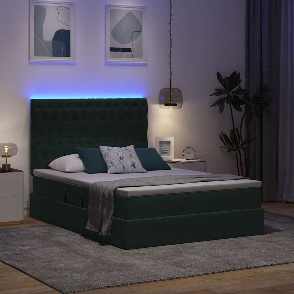 LED krevet za pohranu s madracem Tamnozelena 140 x 200 cm