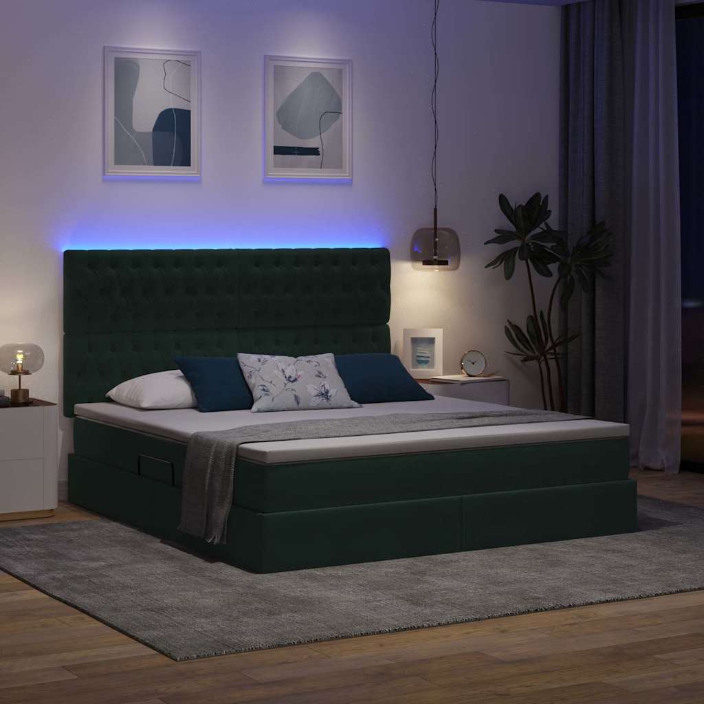 LED krevet za pohranu s madracem Tamnozelena 180 x 200 cm