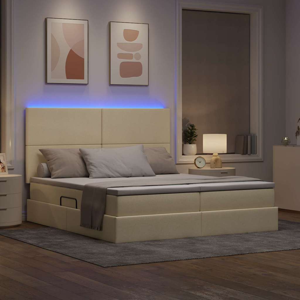 Krevet s LED trakama s uzglavljem Krema 200 x 200 cm tkanina