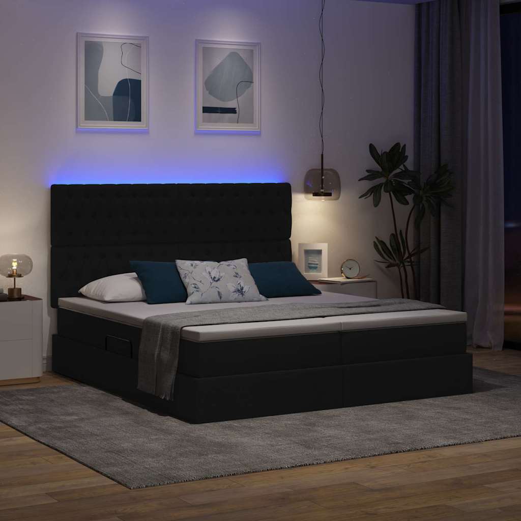 Krevet s LED trakama s uzglavljem Crna 200 x 200 cm tkanina